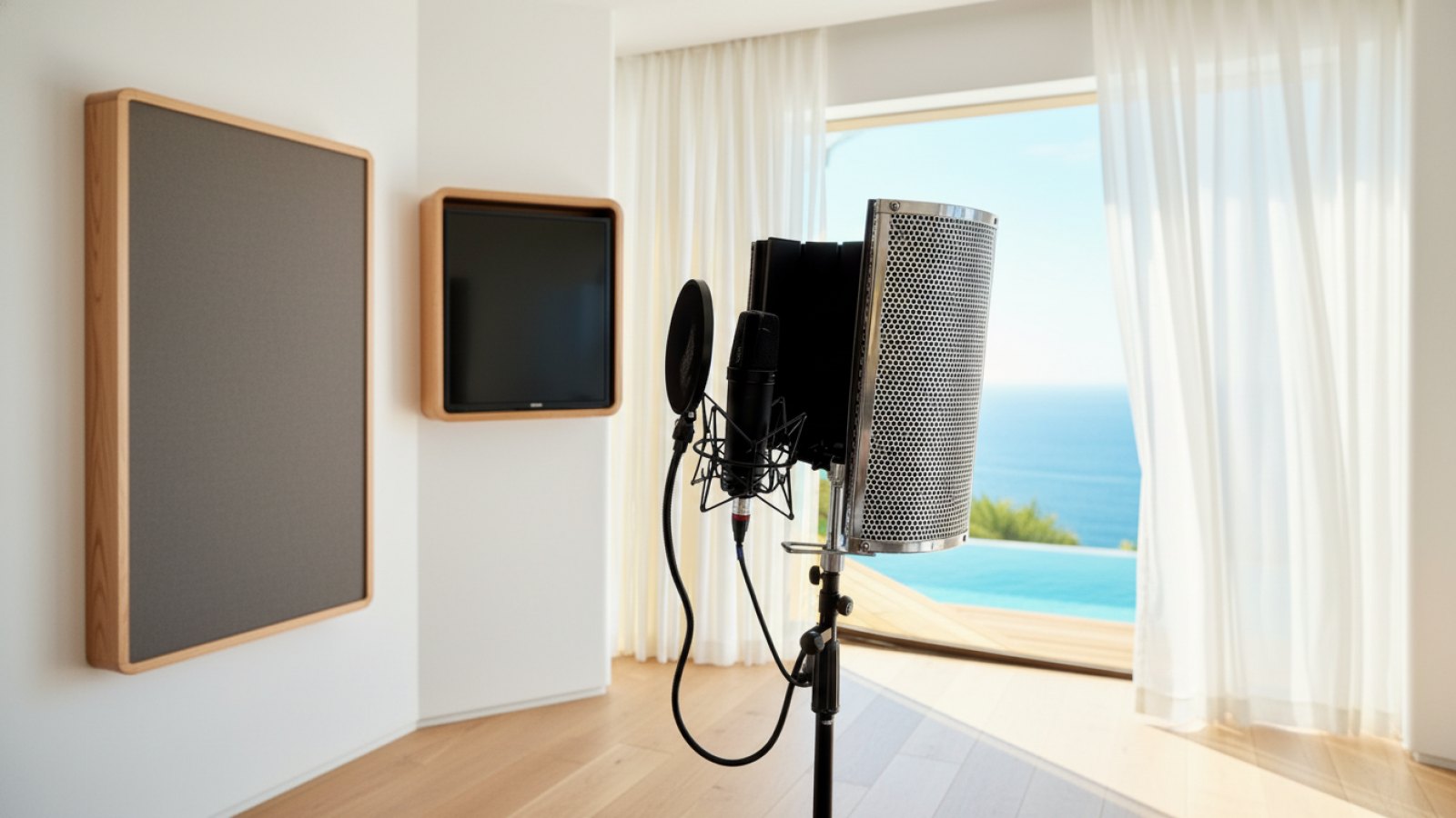 Premium music production rental setup in a private villa in Ibiza with Neumann U87 condenser microphone