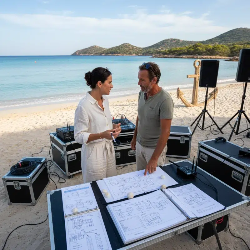 Planificadora de bodas y tecnico de sonido revisando el equipo en una playa del norte de Ibiza