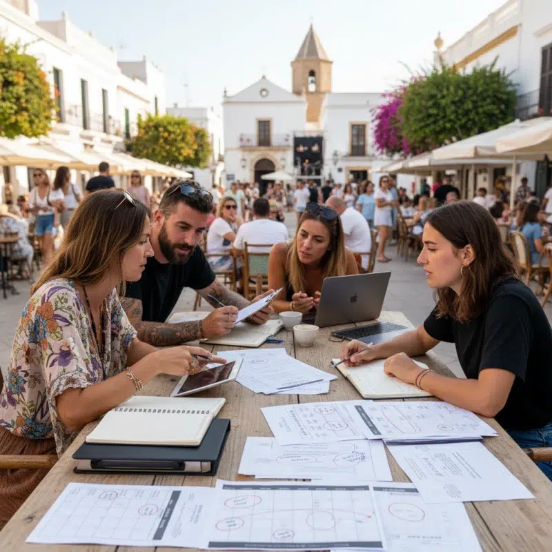 Coordinadora de bodas y tecnico de sonido repasando fechas de reserva en una plaza de Ibiza