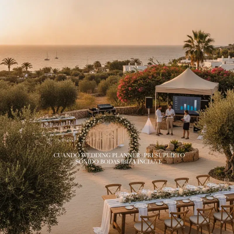 Escena panorámica en Ibiza durante la hora dorada, con un ambiente cálido y acogedor ideal para bodas