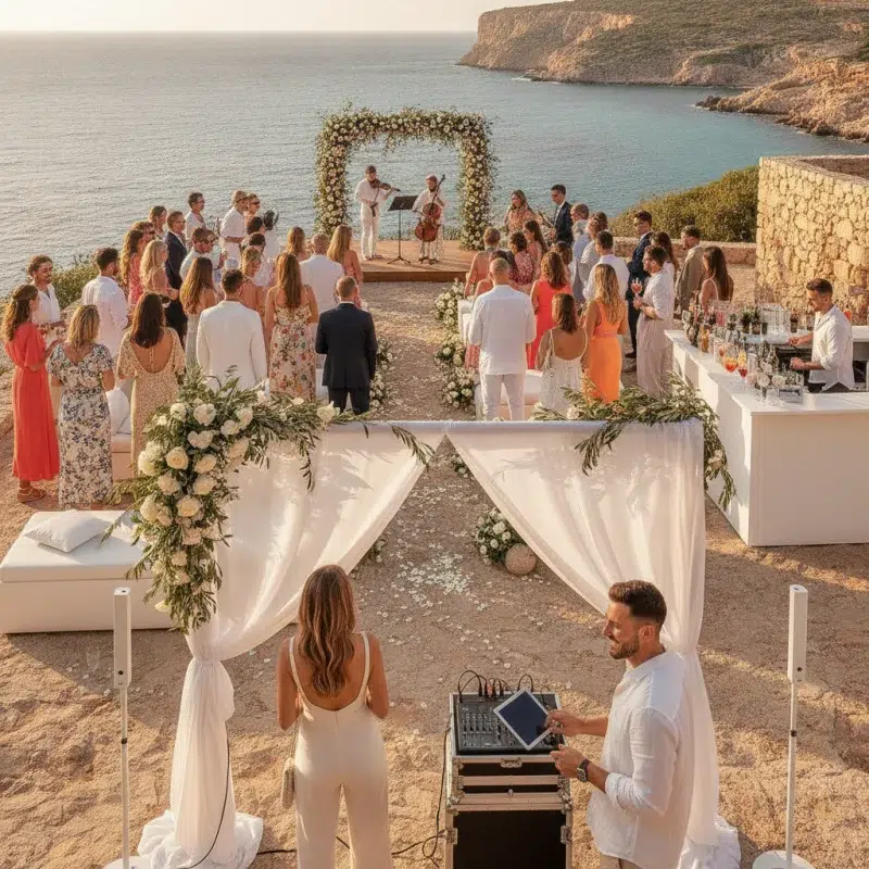 Ceremonia de boda en Ibiza con invitados disfrutando de un servicio de sonido en un ambiente festivo y luminoso