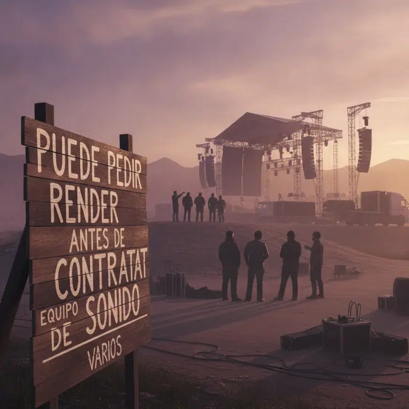 Escena atmosférica al atardecer con un equipo de sonido listo para una boda en Ibiza, capturada con gran detalle