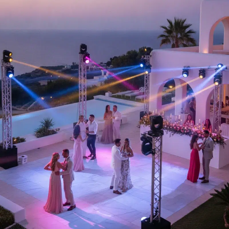 Escena elegante de una boda en una villa de Ibiza, con coloridas luces móviles iluminando a los invitados en celebración
