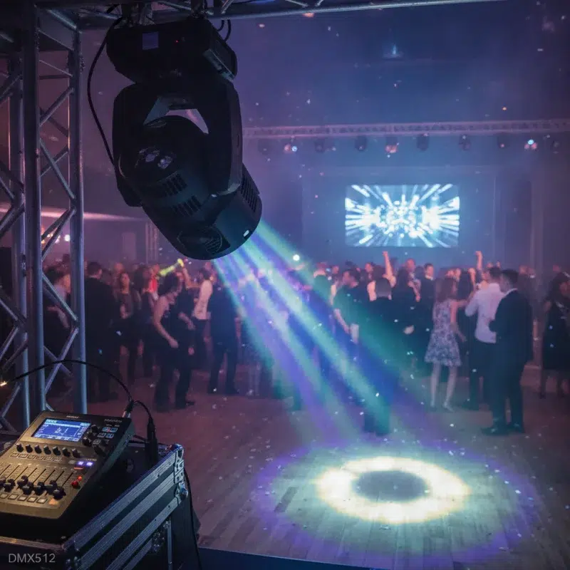 Acercamiento de un proyector móvil iluminando la pista de baile en un evento, con un controlador DMX512 visible cerca