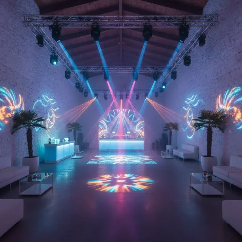 Visualización 3D de un espacio de eventos en Sant Antoni de Portmany con luces móviles que crean un ambiente vibrante y ac...