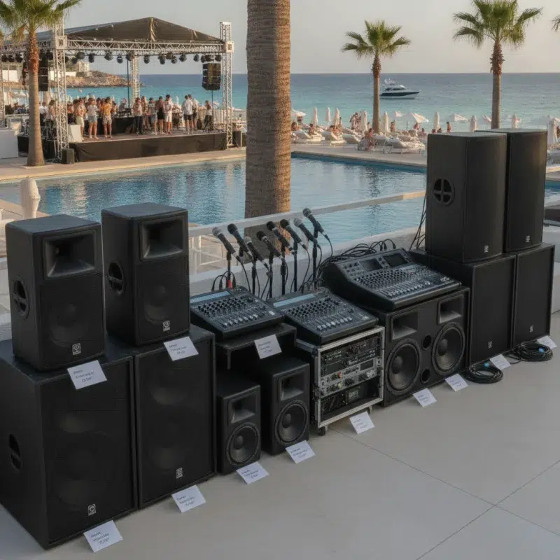 A variety of organized PA systems for rent in Ibiza, featuring speakers, mixers, and microphones with scenic beach background
