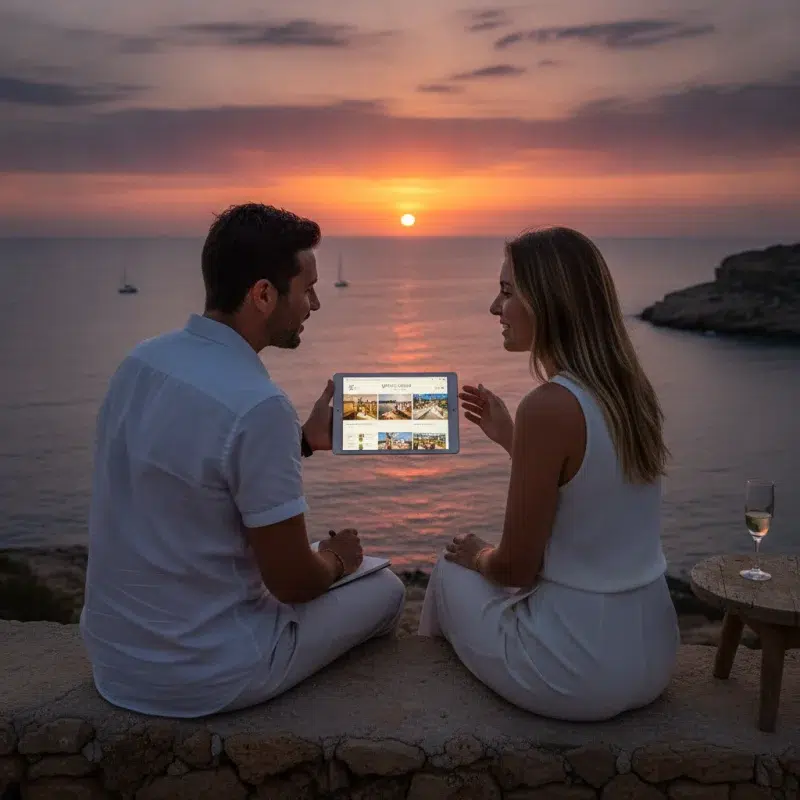 A couple discusses event plans at sunset in Ibiza, with a laptop displaying the White Sound Ibiza website